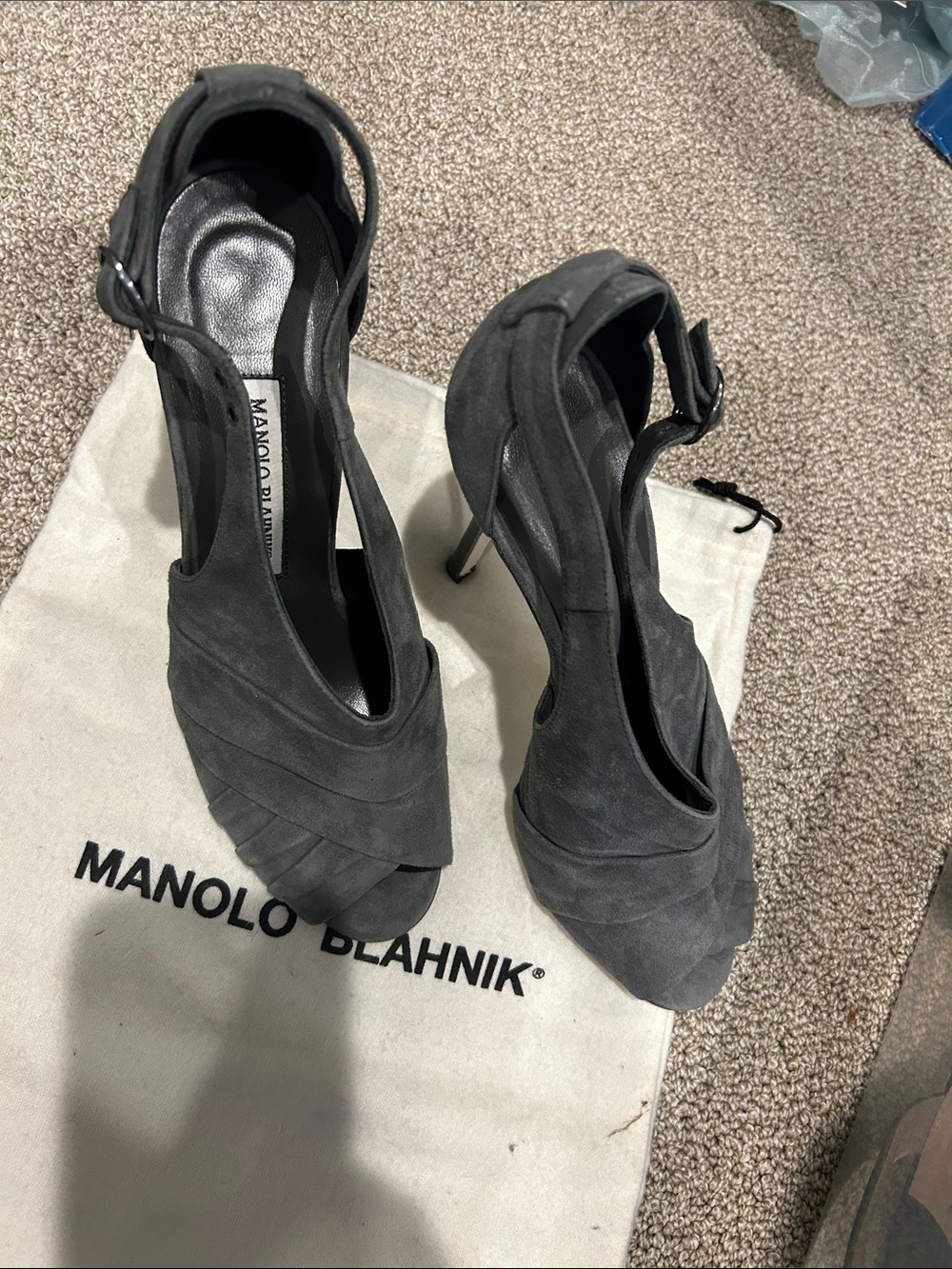 Manolo Blahnik Charcoal Gray Suede Peep-Toe Ankle Strap Heels